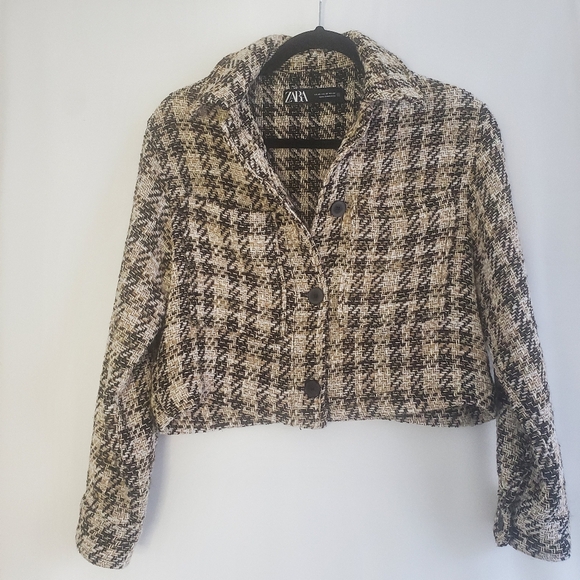 ZARA women's Size XS Plaid cropped button front patch pocket blazer - Picture 7 of 7